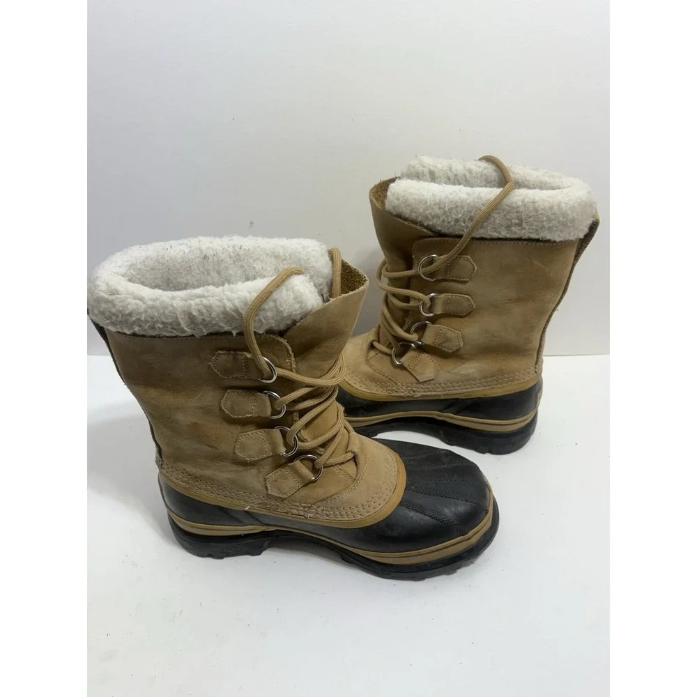 Sorel Caribou Women's Beige Leather, Waterproof Classic Lace Up Boots 8.5 Sherpa